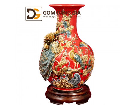 Lọ tỏi men đỏ đắp nổi công mẫu đơn cao 45 Lọ tỏi men đỏ đắp nổi công mẫu đơn cao 45
